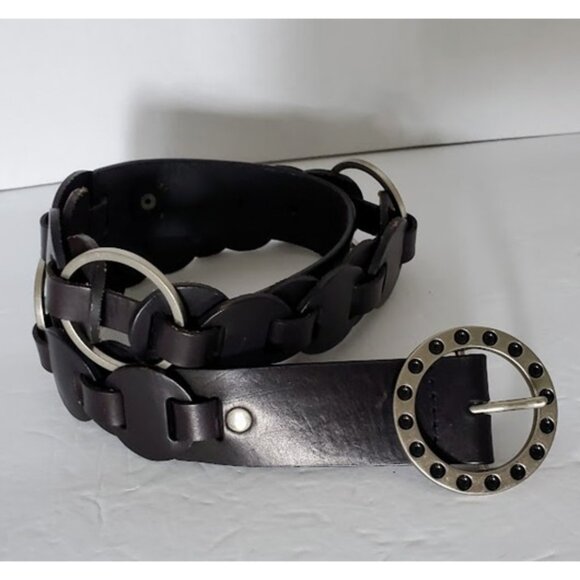 Dark Brown Belt w Leather Interlocking Circular Cut-outs & Metal Accent Rings - Picture 3 of 6